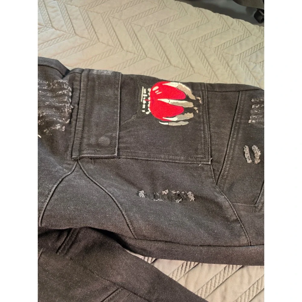 Sora Cruel Fate Distressed Cargo Pants Black Denim Heart Embroidery Mens Large
